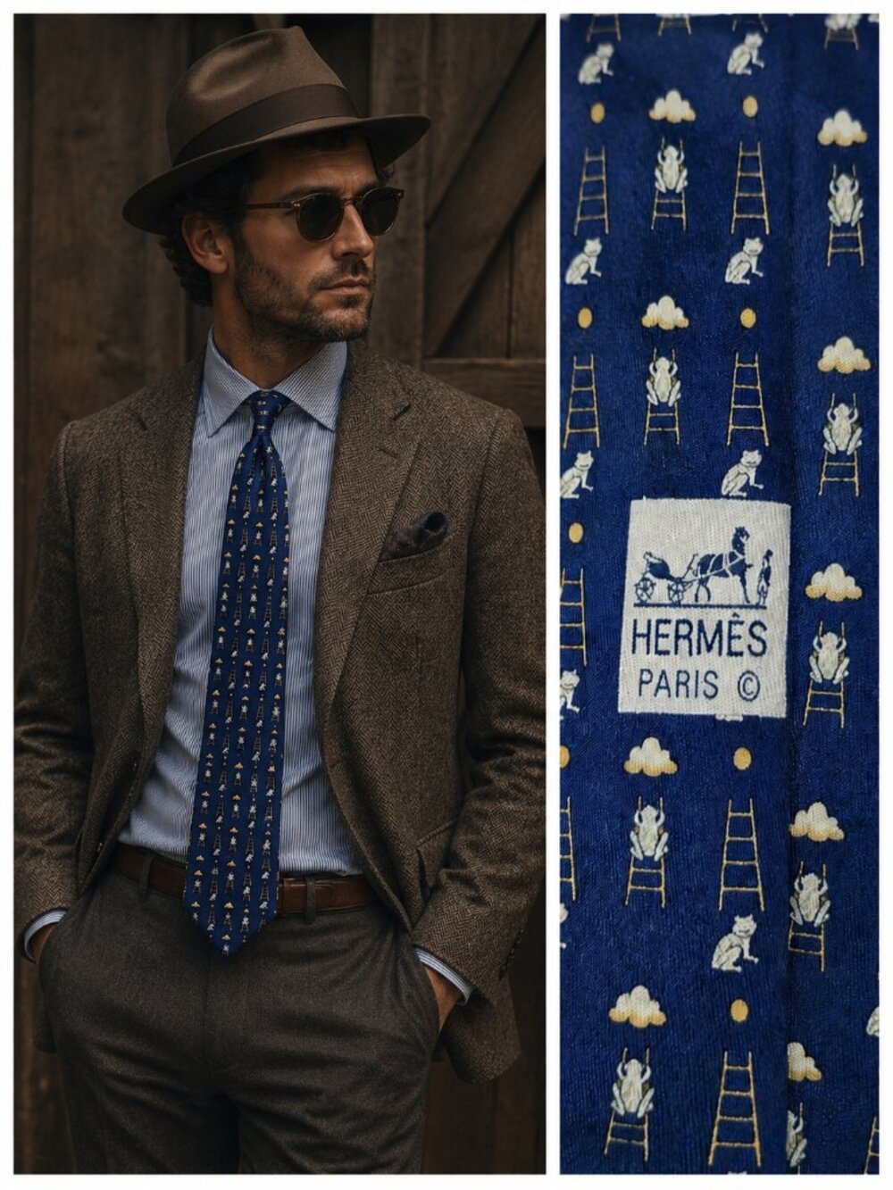 Hermès Paris 100% Silk Tie Blue Cat Ladder Novelty Print Made in France 7860 UA